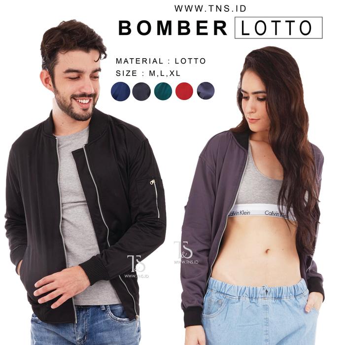 JAKET BOMBER LOTTO HITAM POLOS PRIA & WANITA M - XL