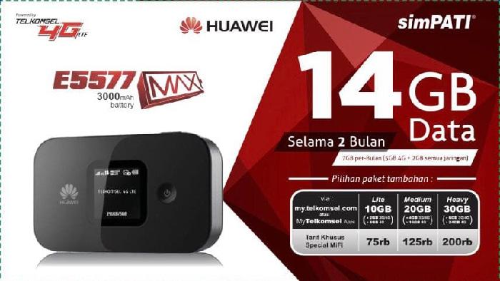 Huawei Mifi 4G LTE E5577 Max 3000mah Free TSEL 14Gb Versi BYPASS - Hitam