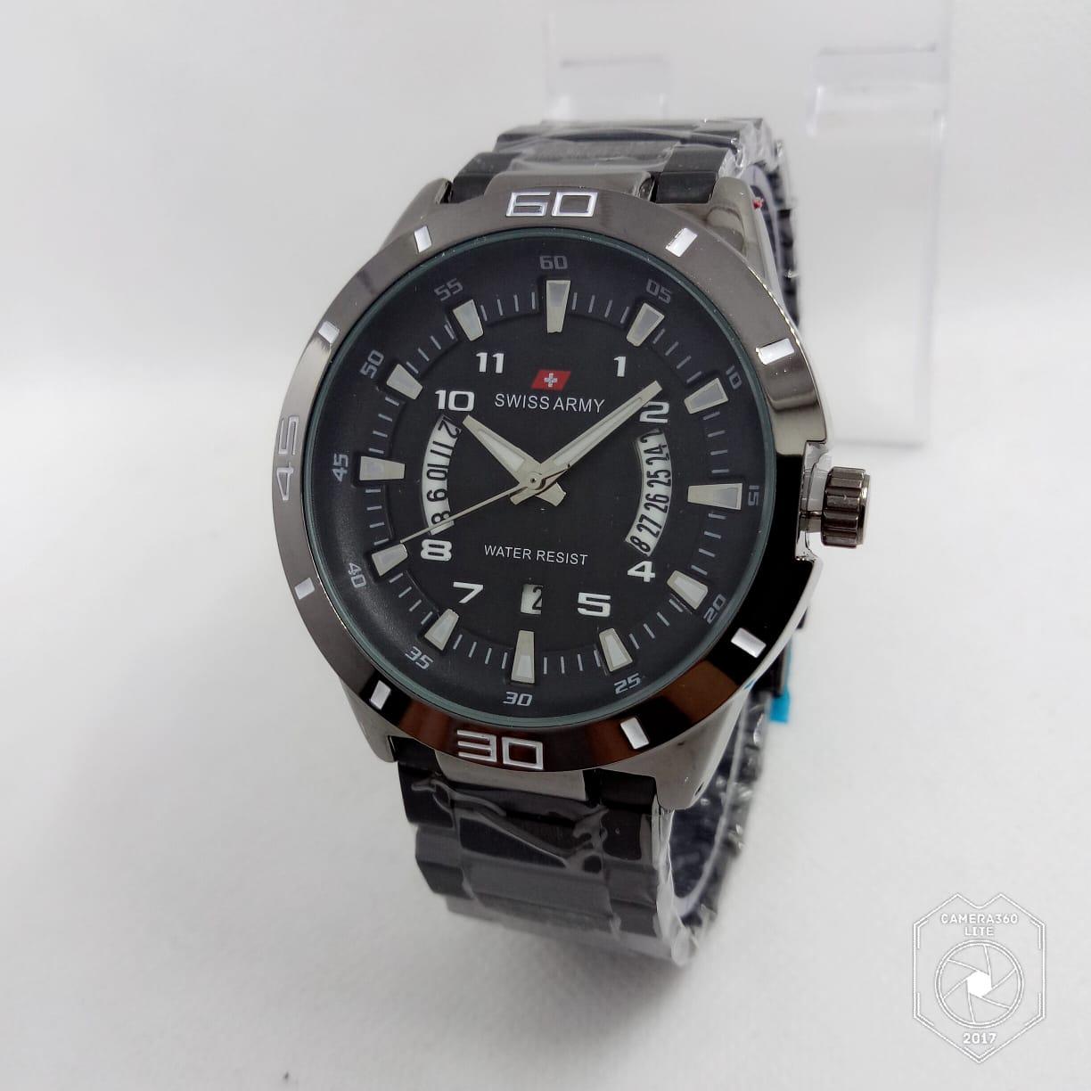SWISS ARMY JAM TANGAN PRIA BLACK FITUR TANGGAL AKTIF FREE ( BOX SWISS ARMY EKSLUSIVE) BODY STAINLESS ANTI KARAT TALI RANTAI MODEL TERBARU