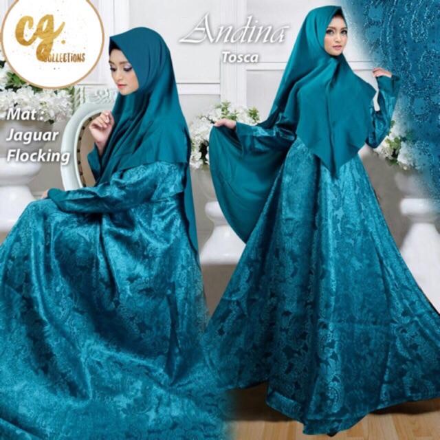 (TERBARU) ANDINA GLITTER SYARI muslimah dress lebaran gamis mewah jaguar flocking (Hitam)
