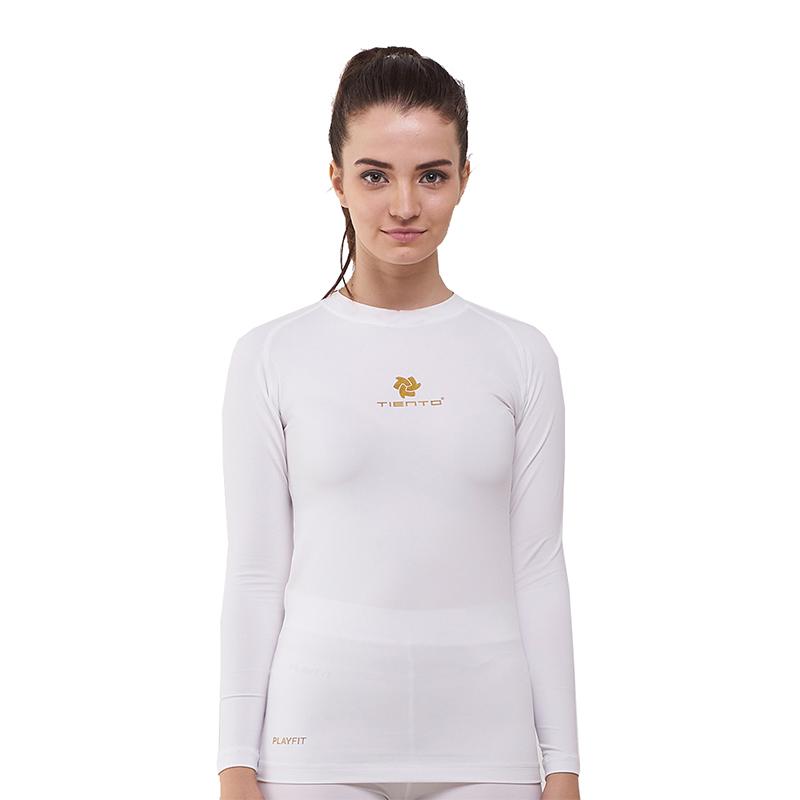 Tiento Baselayer Manset Rashguard Compression Long Sleeve White Baju Kaos Ketat Olahraga Bola Renang Running Gym Fitness Yoga Original