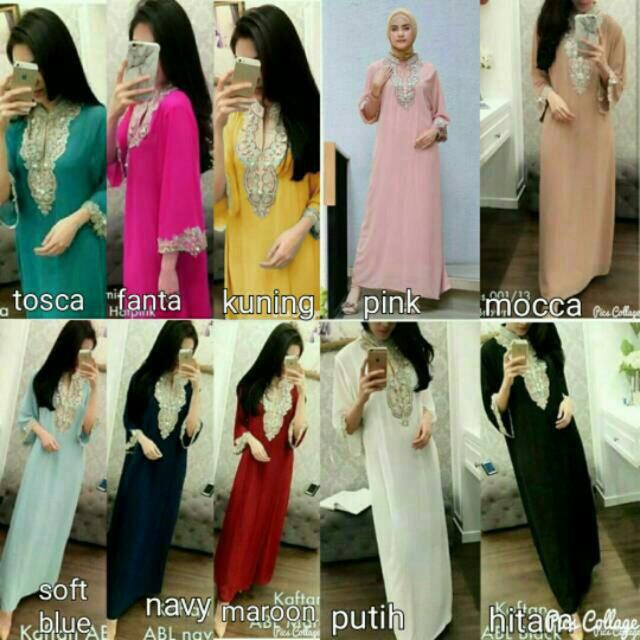 (TERBARU) Kaftan payet hitam putih kuning fanta tosca mocca navy maroon soft blue abu bahan ceruty (Bata)