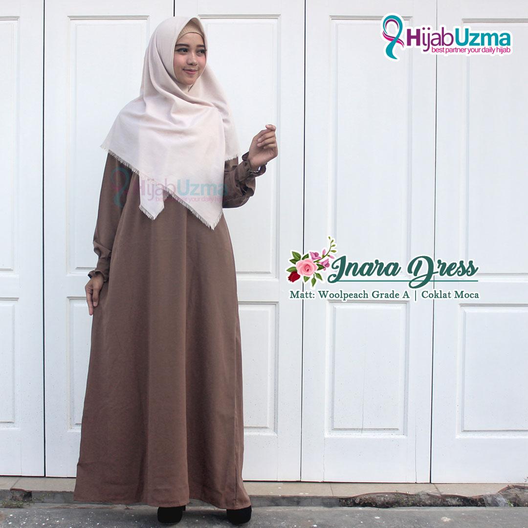 Gamis wanita terbaru bahan Wolfis Woolpeach Polos Inara Dress Hijab Uzma Coklat Moca