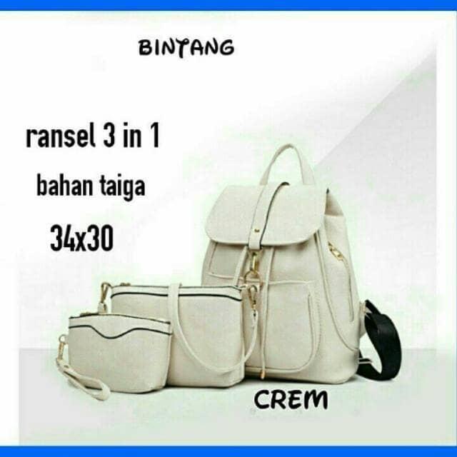 Jual Termurah Tas Ransel Backpack Fashion Serut Wanita Cewek SET 3in1 Cream - Beige Promo