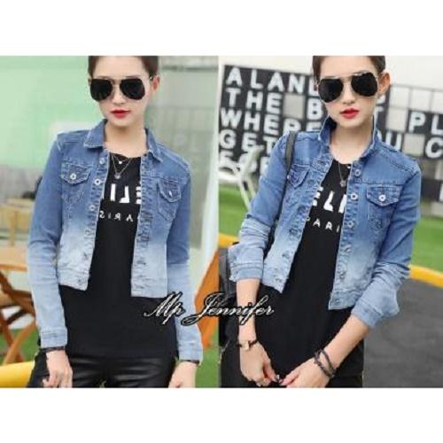 SUPPLIER GROSIR 15784 B35 JAKET WANITA FASHION ATASAN LENGAN PANJANG CEWEK REMAJA DEWASA JAMAN NOW WARNA BIRU MURAH GROSIR KEKINIAN BAHAN JEANS WASH