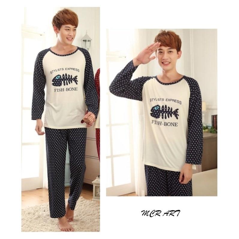 Baju Tidur Pria Piyama Setelan Polkadot Navy Fish