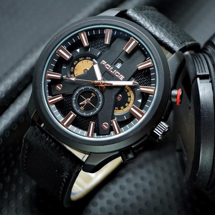 Diskon 10%!! Jam Tangan Pria Cowok Police Absorb Leather Black Rose - ready stock