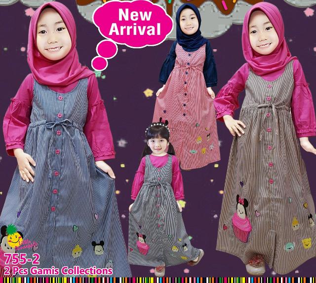 Baju Muslim Anak Cewek Gamis Overall Katun Garis Little Pineapple Tsum