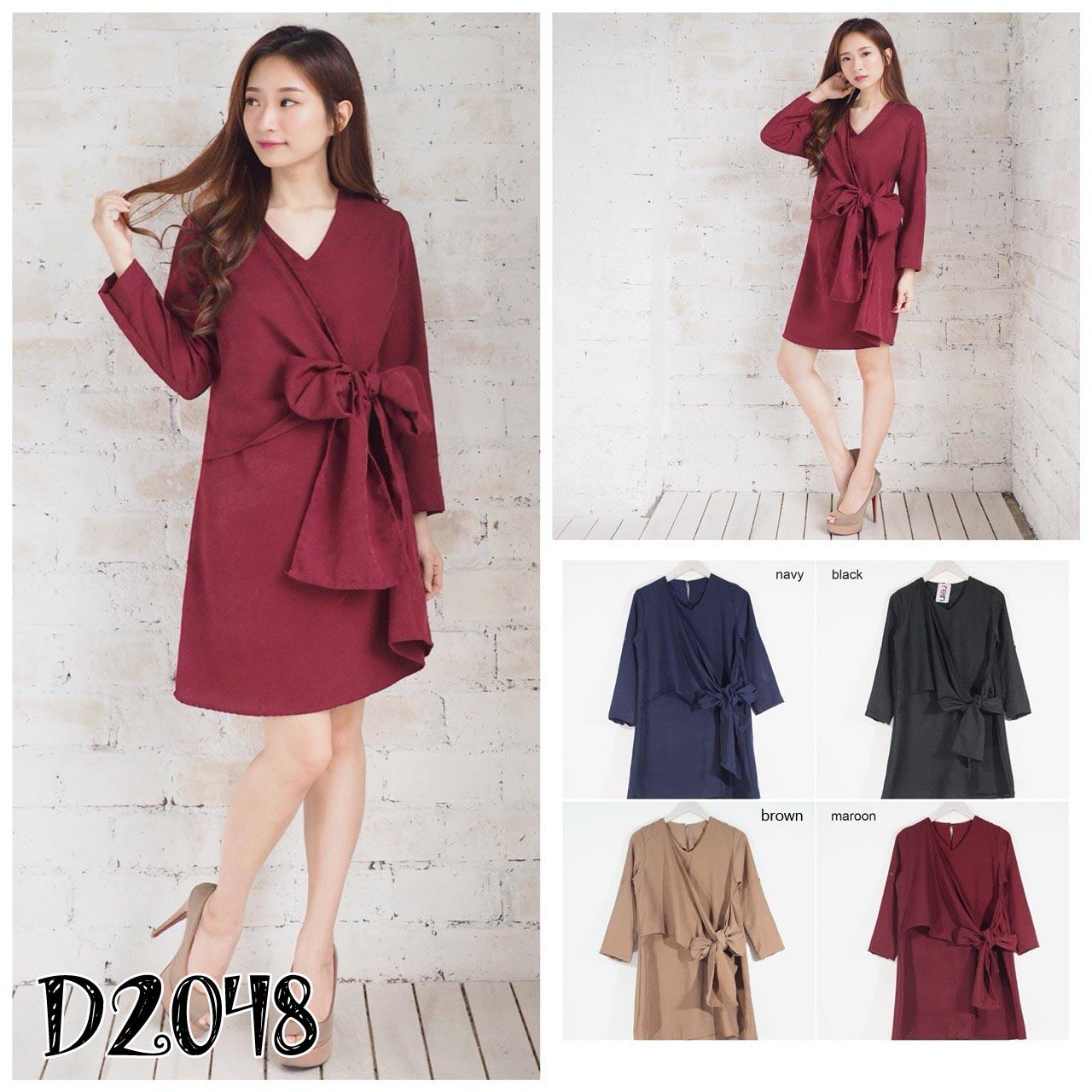 D2048 Dress Terusan Kasual Lengan Panjang Tali Ikat Pinggang Fashion Murah Kerja Wanita