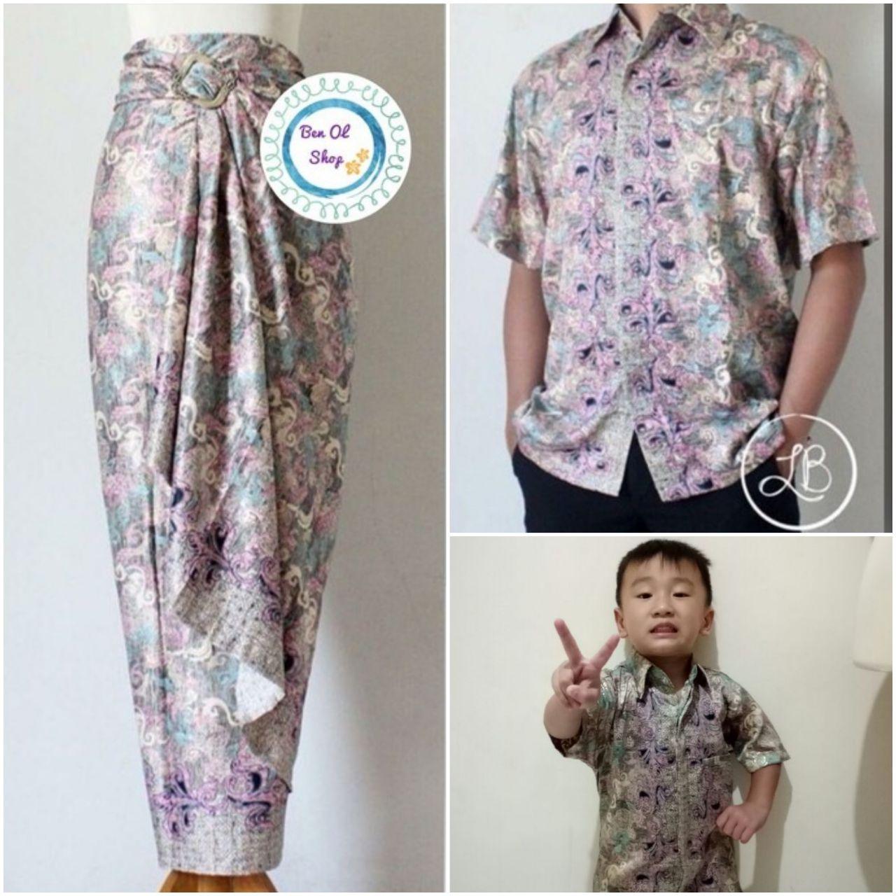 Glow fashion Stelan Couple Batik family 3in1 baju batik dan rok lilit bapak dan anak atasan kemeja pria dewasa dan kemeja anak-anak dan rok lilit batik panjang wanita jumbo blouse blus shirt long skirt Riani