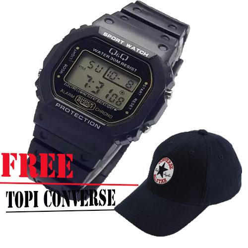 Jam Tangan Sport QQ Digital Pria Wanita - Hitam free Topi Converse