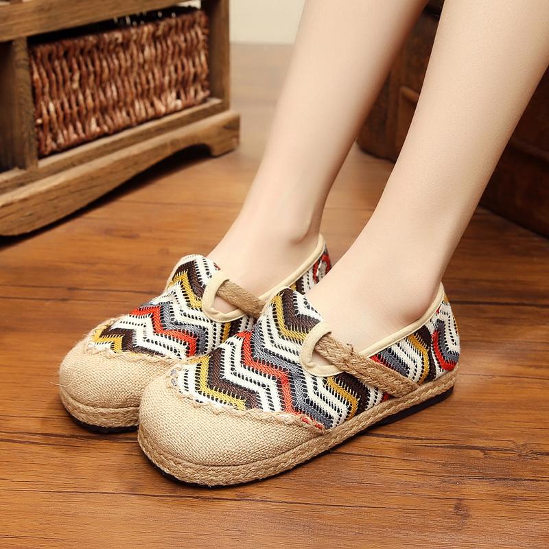 Sen Perempuan Linen Lengan Bergaris Warna Campuran Buatan Tangan Sepatu Sepatu Beijing Sepatu Kain Bekas (Nasi Putih)
