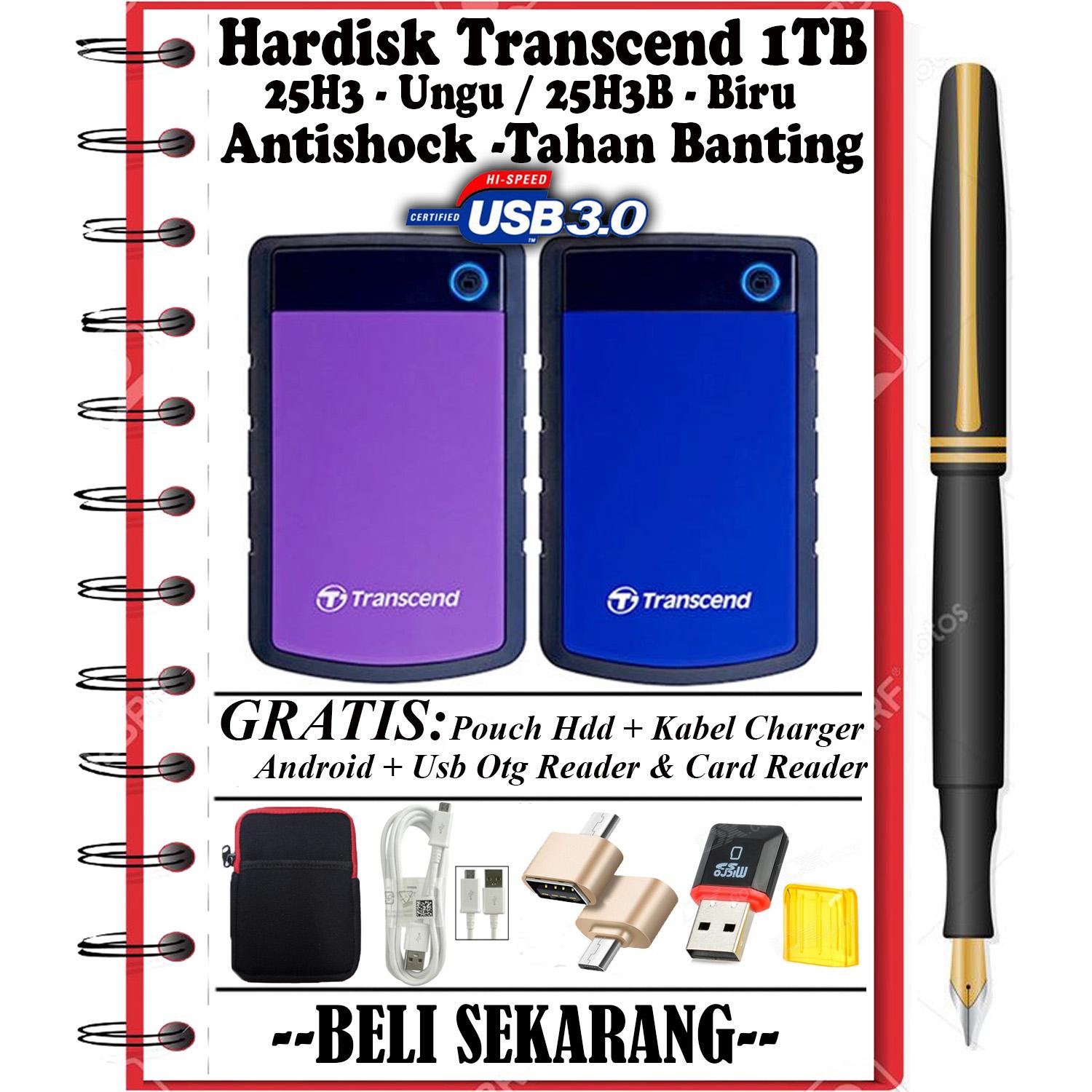 Transcend Hard Drive - 2TB Harddisk External Anti Banting Antishock 25H3B / 25H3 - GRATIS Pouch HDD + Kabel Casan Android + Usb Otg Reader dan Card Reader MicroSD