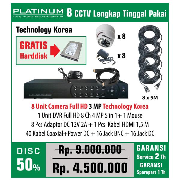 PAKET CCTV PLATINUM 8 CAMERA Full HD 3 MP TECHNOLOGY KOREA