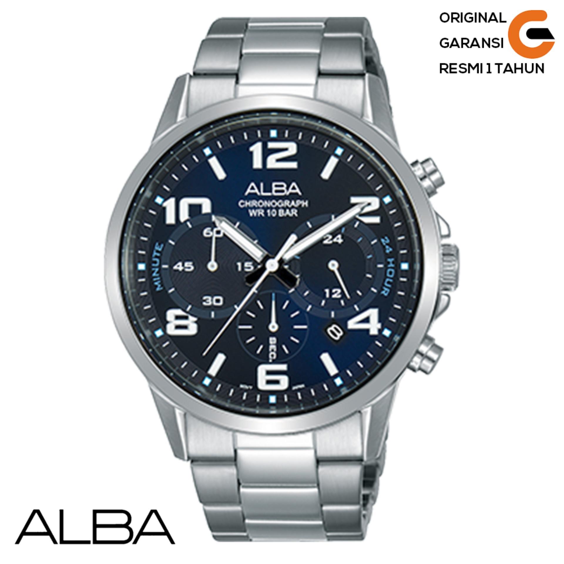 Alba Jam Tangan Pria ALBA AT3D73X1 Chronograph tali Rantai Logam Stainless Steel Jam Tangan ALBA Pria AT3D73X1