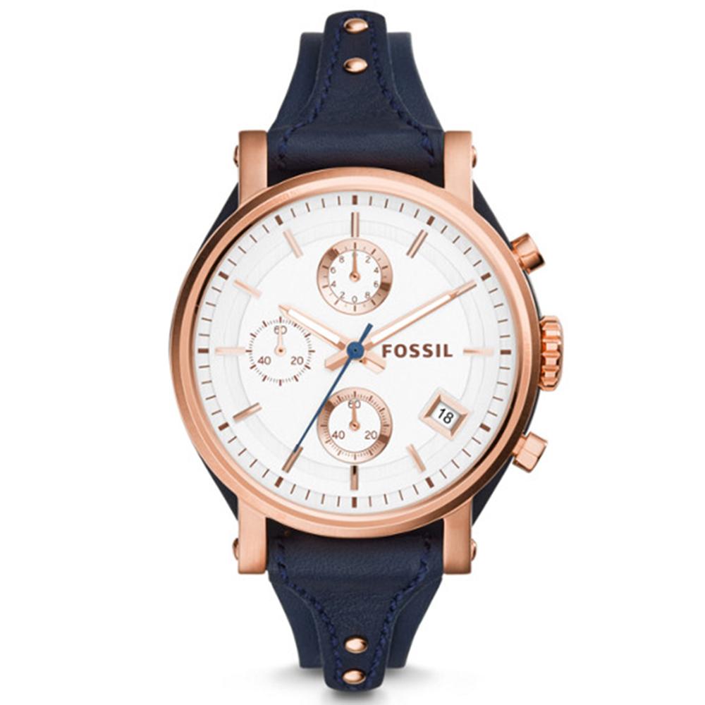 Fossil Boyfriend Chronograph - Jam Tangan Wanita - Biru Navy - Tali Kulit - ES3838