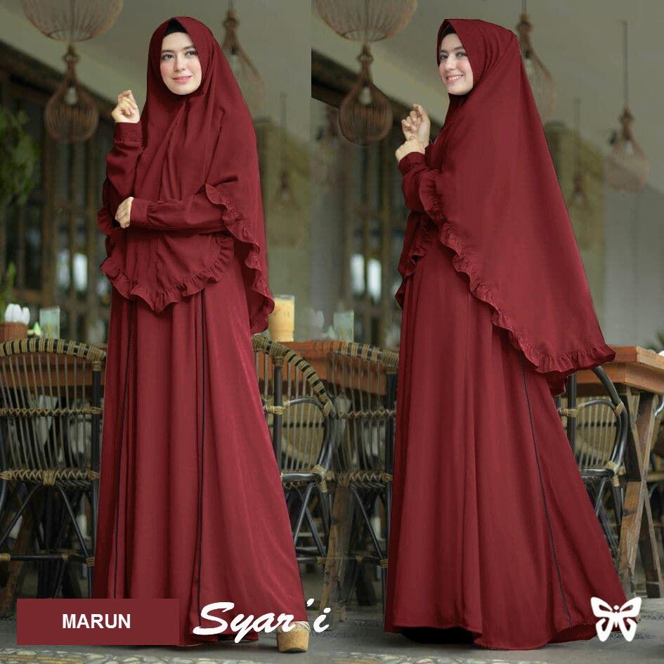 Flavia Store Gamis Syari Set 2 in 1 Lis FS0561 - MERAH MARUN / Baju Muslim Wanita Syar'i / Gaun Muslimah / Maxi Dress Lengan Panjang / Hijab / Srhafizah