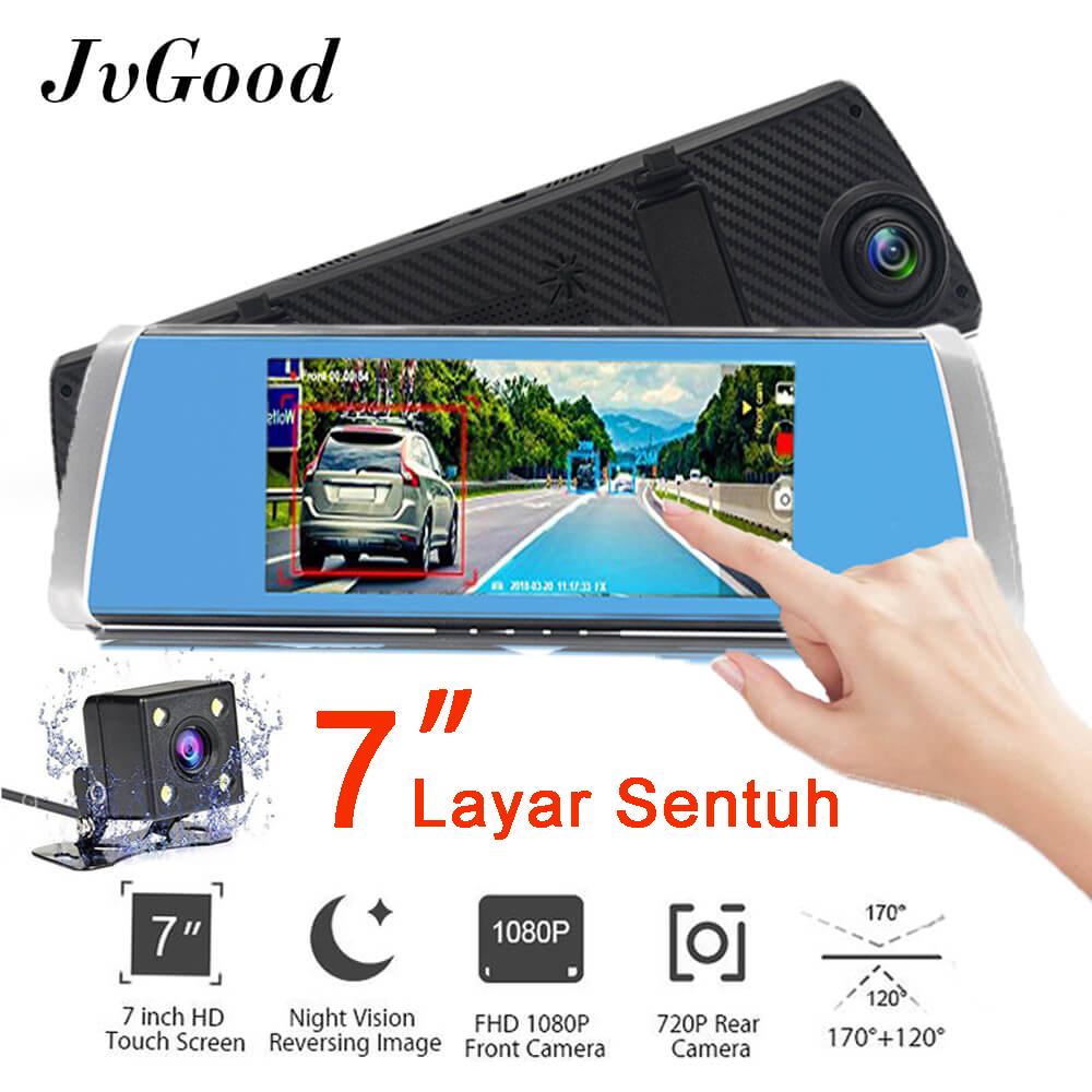 Jvgood 7 Inci Layar Sentuh Mobil Kamera Dua Lensa Mobil Kamera Kaca Spion Kamera Camcorder Mobil DVR FHD 1080 P Dash Kamera Perekam Video