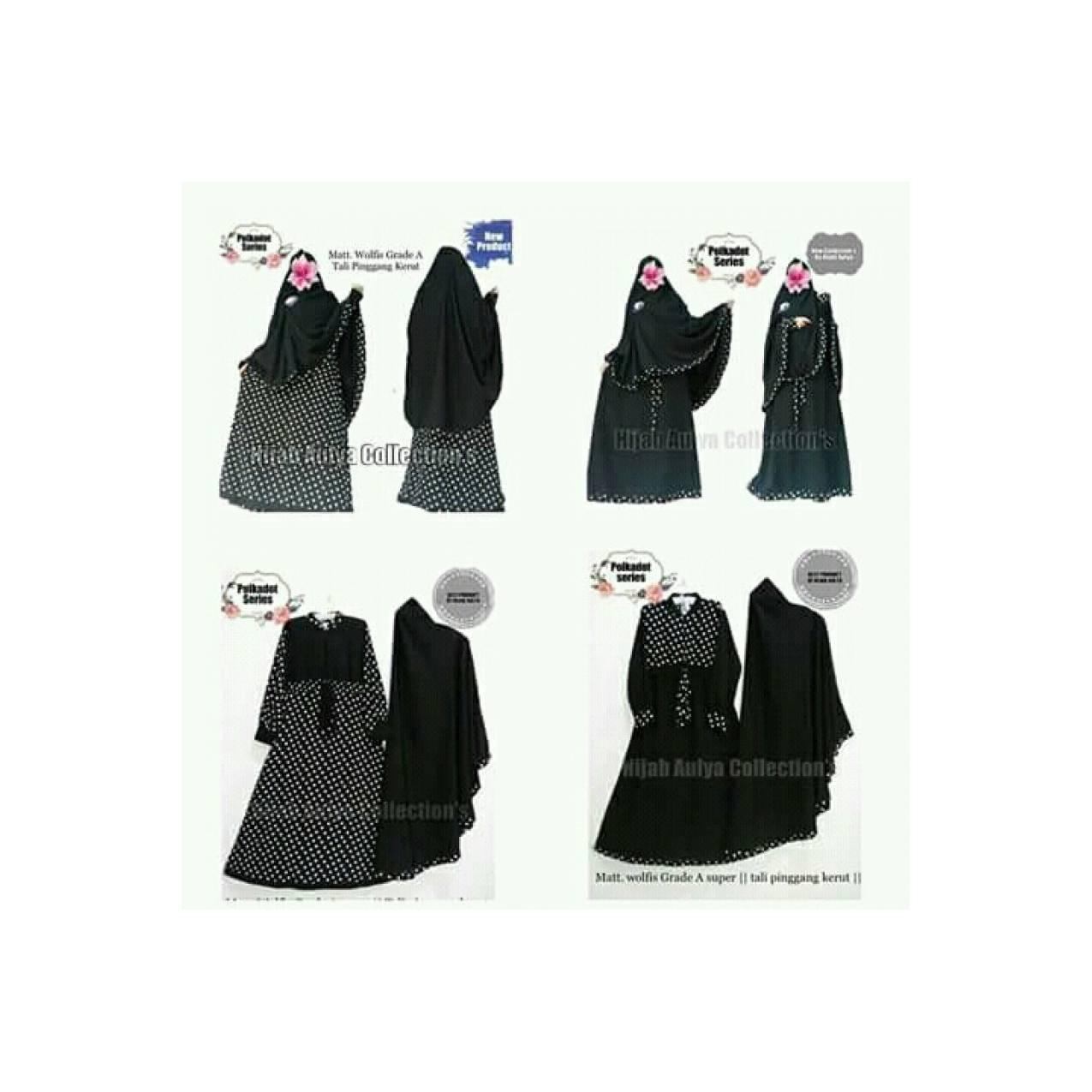 Gamis syari polka motif atas dan bawah set cadar