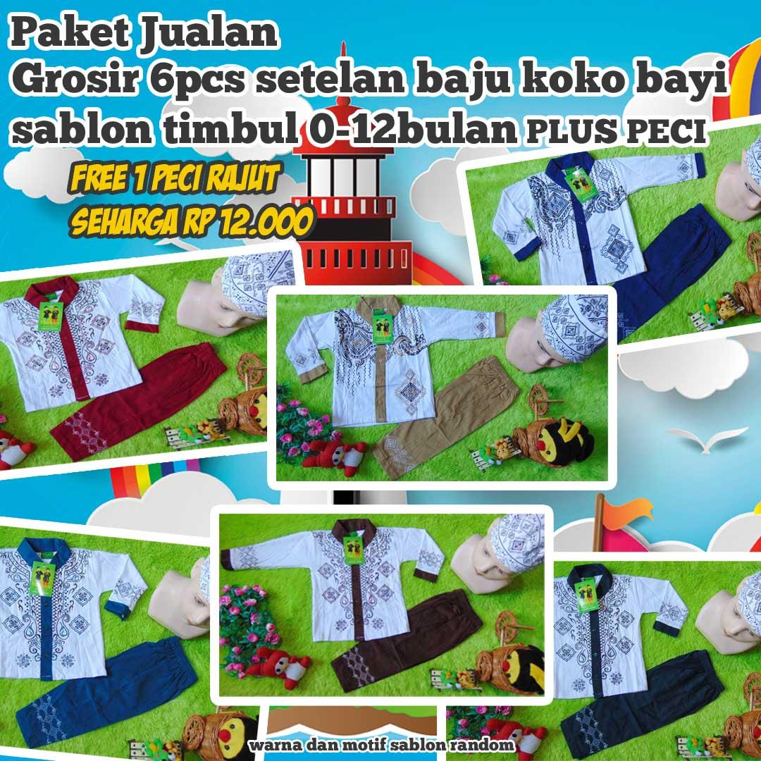 kembarshop - BONUS PECI RAJUT paket jualan grosir 6 setelan baju muslim koko anak bayi baby cowok laki-laki sablon timbul 0- 12bulan plus peci