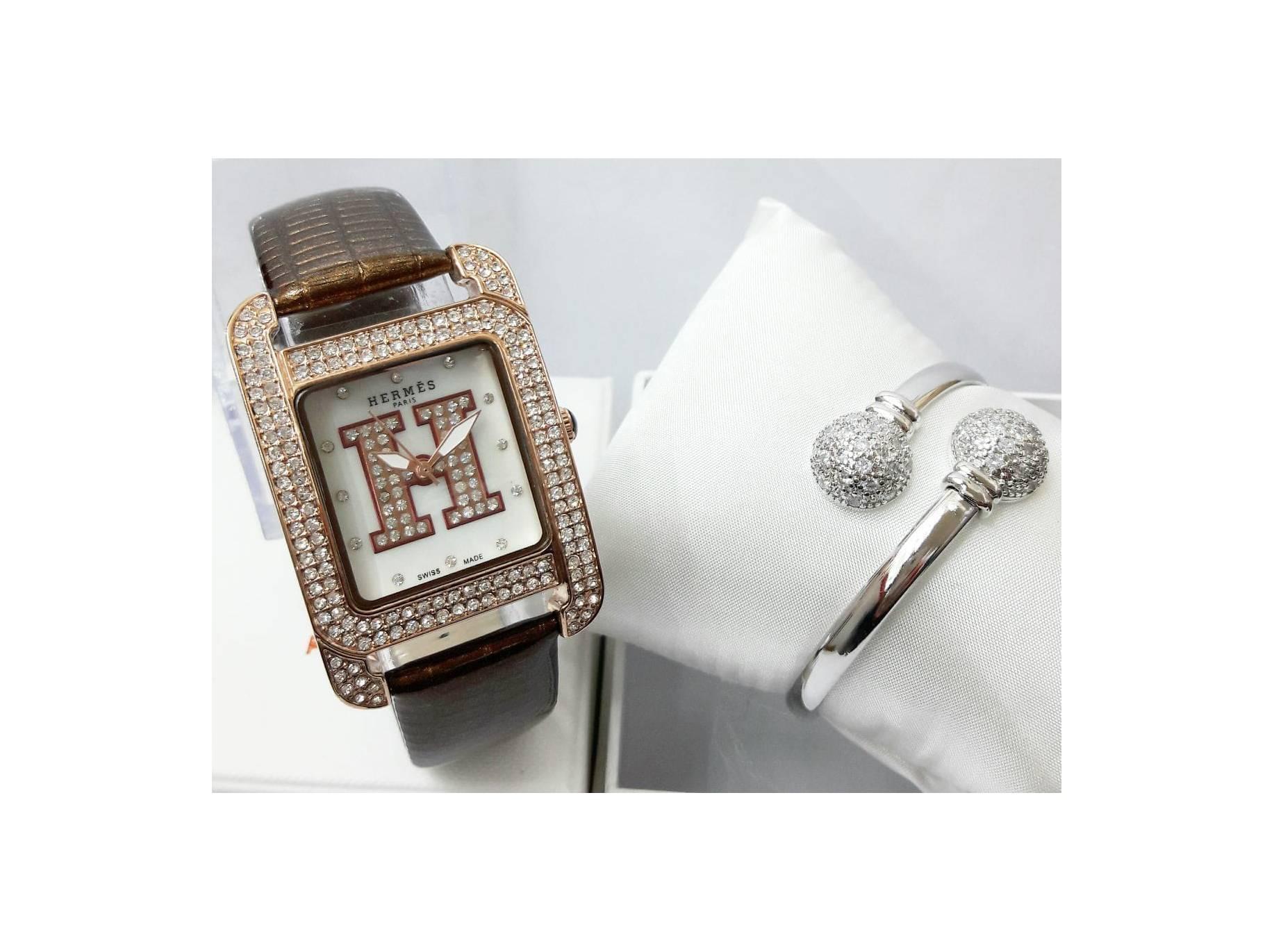 HERMES KULIT PAKET GELANG DARK BROWN (BOLA SILVER)