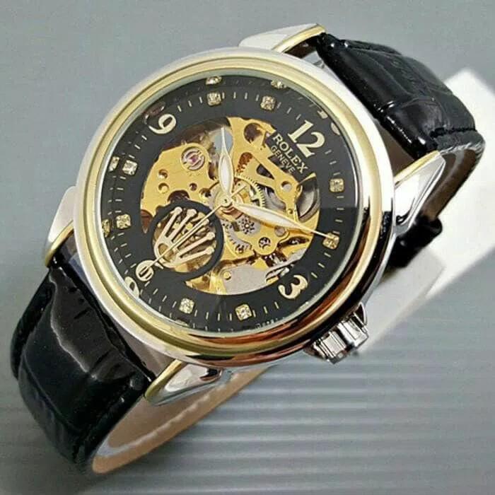 HARGA SPESIAL!!! Jam Tangan Rolex Automatic / Otomatis Combi Gold-Black Kulit Hitam