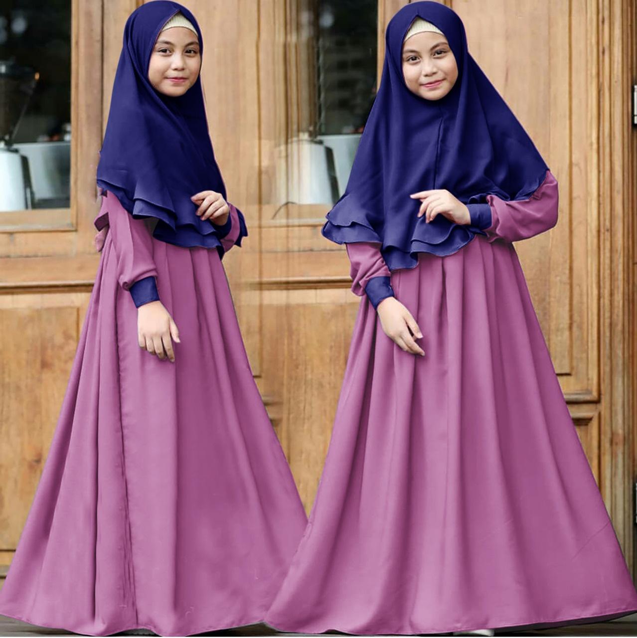 gamis anak maxi amanda - ungu kerudung biru dongker
