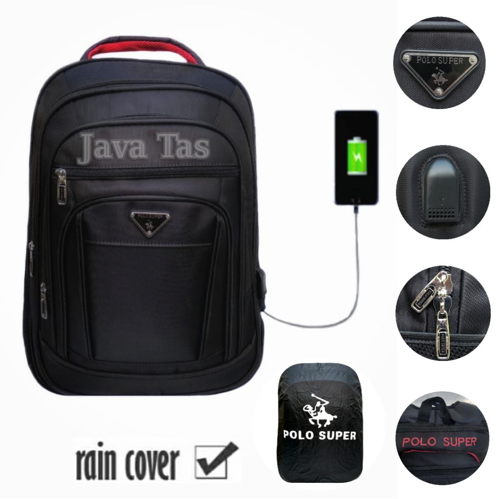Java Tas Ransel Laptop Polo Super Tas Ransel Pria Tas Ransel Wanita Tas Laptop Tas Laptop Murah Tas Punggung Tas Kerja Tas Kuliah Tas Ransel Laptop Import Black + Waterproof Raincover