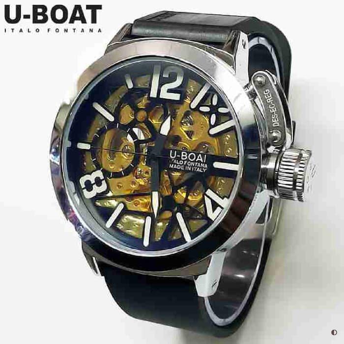 Jam Tangan Pria U-Boat Skeleton UB1 Rubber Black Silver Automatic Arloji IFC-323 Quality