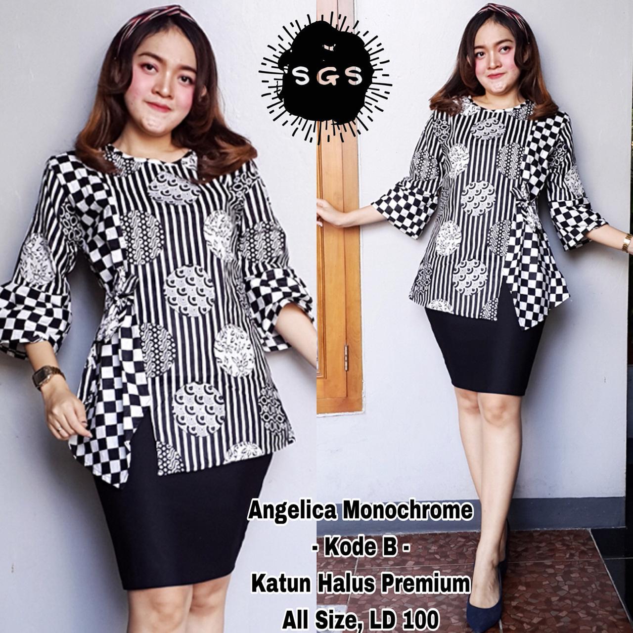 Atasan Blouse Batik Wanita - Blus Batik Kerja Lengan Panjang - Blouse Batik Premium Angelica Monochrome B