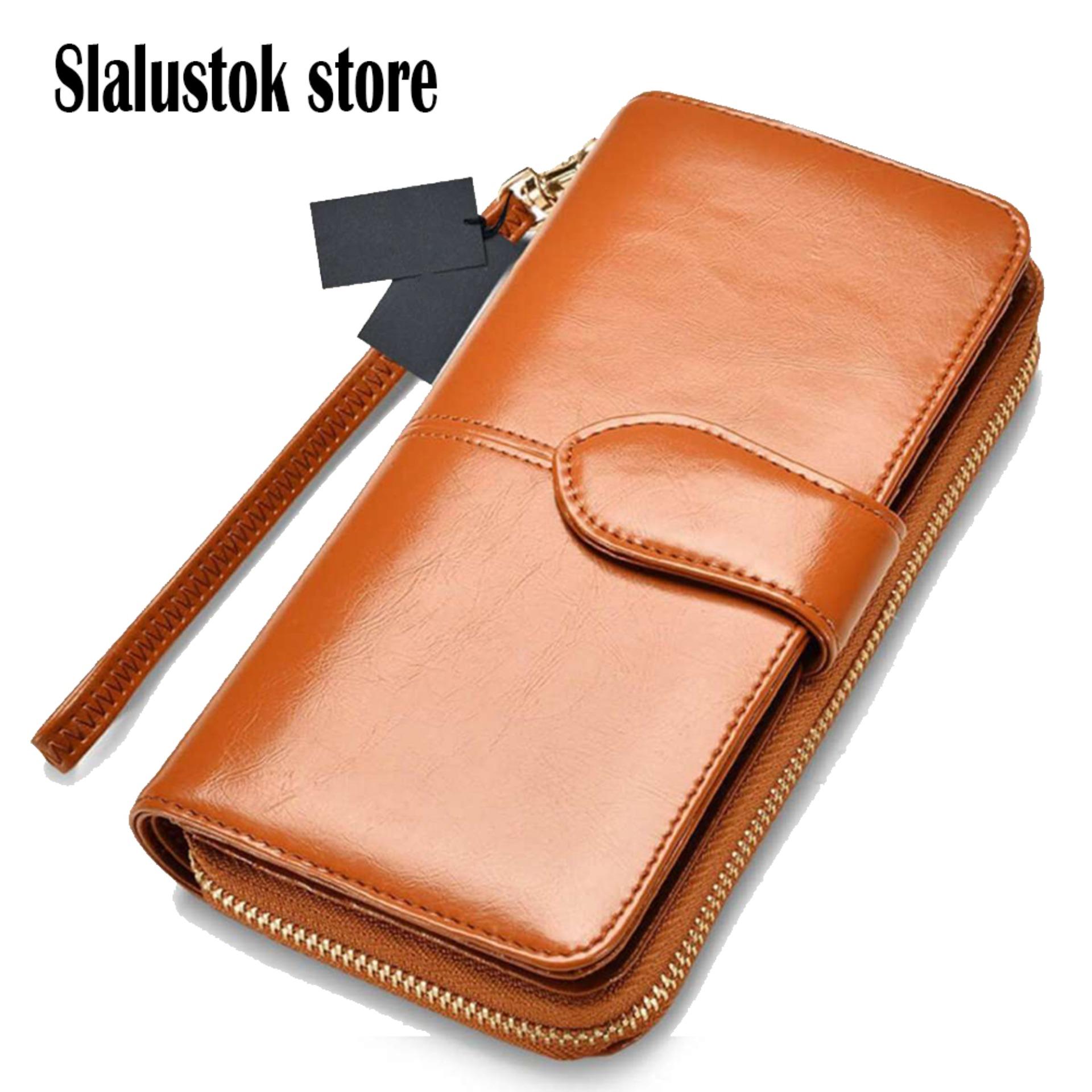Slalustok store - Dompet Wanita-Dompet Dollar Price Lady Party Kulit PU Dompet Import Kulit Wax Oil Ritsleting Panjang Murah