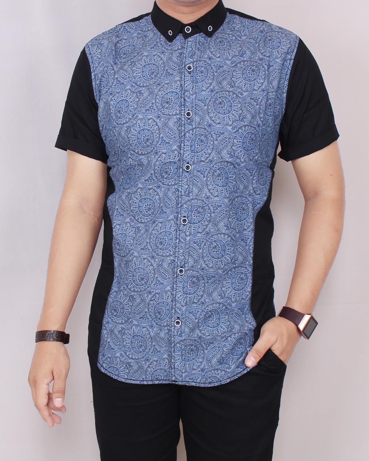 Zoeystore1 5579 Kemeja Kombinasi Pria Lengan Pendek Exclusive Motif Kembang Baju Kemeja Printing Navy Cowok Kerja Kantoran Kemeja Formal Baju Kemeja Distro Cowok Casual