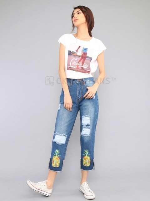 [GARANSI UANG KEMBALI JIKA BAHAN JELEK] Pineaple Embroidery Boyfriend Jeans / jeans logo nanas / celana jeans / celana jeans wanita / celana jeans berkualitas / sio store