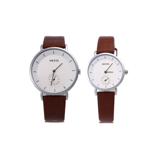 Kezzi KW-1080 Pasangan Kuarsa Jam Tangan Sepanjang dengan Kecil Kedua Tombol Penyetel Kulit Tali Arloji