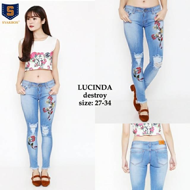 Celana Jeans Wanita Syakbos Lucinda Destroy / Jeans Sobek Murah Bordir Kekinian Cutbray Tanah Abang