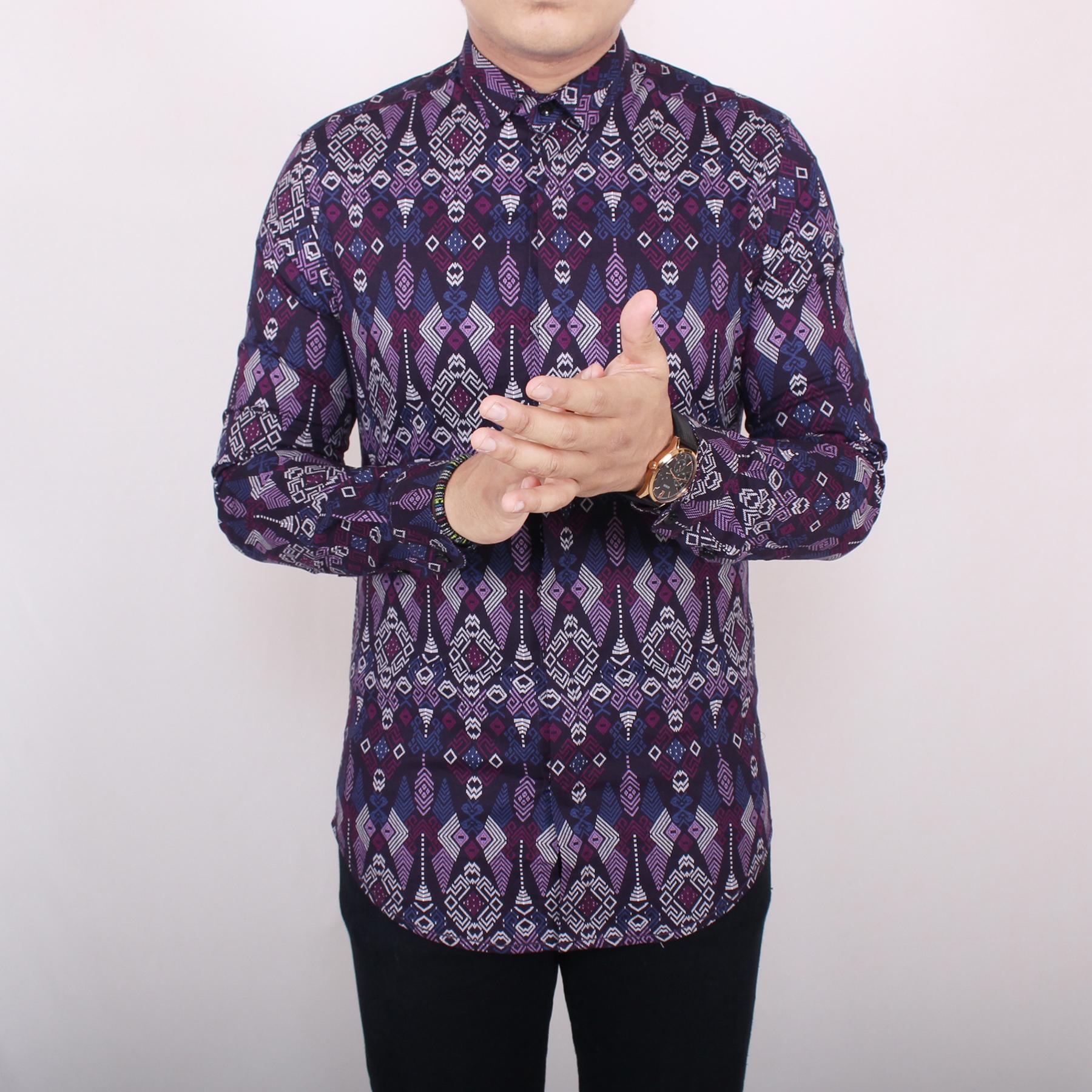 Zoeystore1 6183 Kemeja Batik Pria Lengan Panjang Kemeja Batik Kerja Kemeja Batik Kantoran Baju Batik Songket Katun Streach Black Purple