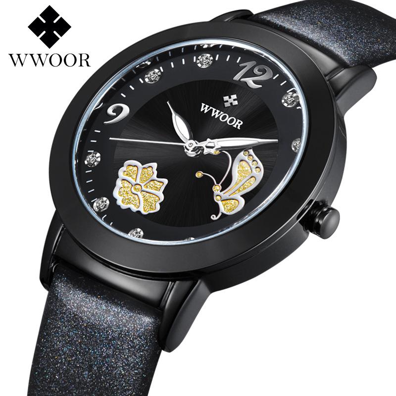 Jam Tangan Wanita Merek WWOOR Mode Quartz-watch Jam Perempuan Relojes Mujer Dress Ladies Watch Bisnis Kulit Merah Kupu-kupu
