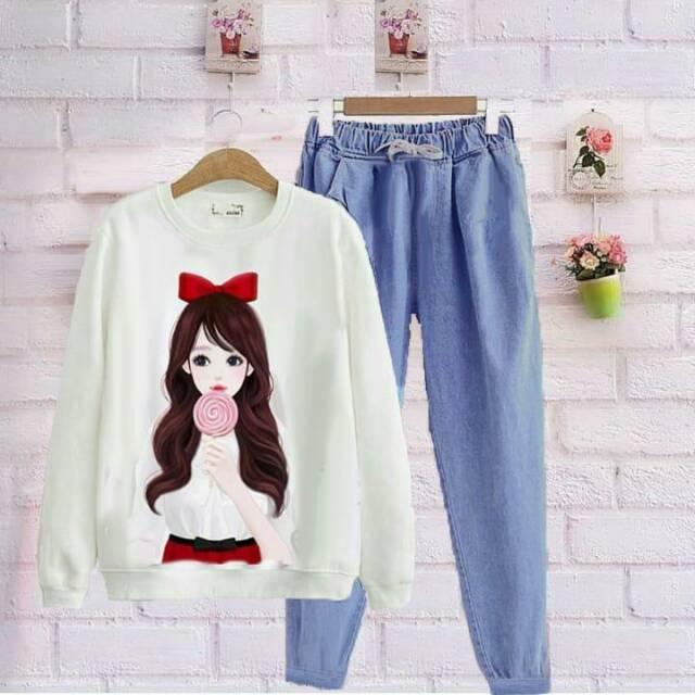 OTIN FASHION BAJU SETELAN WANITA LOLIPOP CELANA DENIM POLOS konveksi murah tanah abang