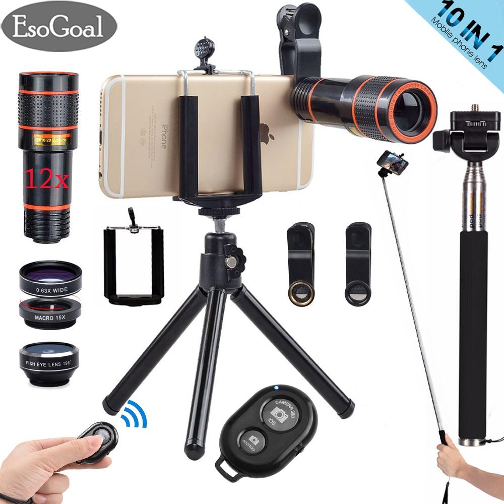 EsoGoal 10 in 1 12x Zoom Telephoto Lens + Fisheye + Wide Angle + Macro Lens + Selfie Stick Monopod + Bluetooth Remote Control + Mini Tripod with Phone Holder for Mobile Phones