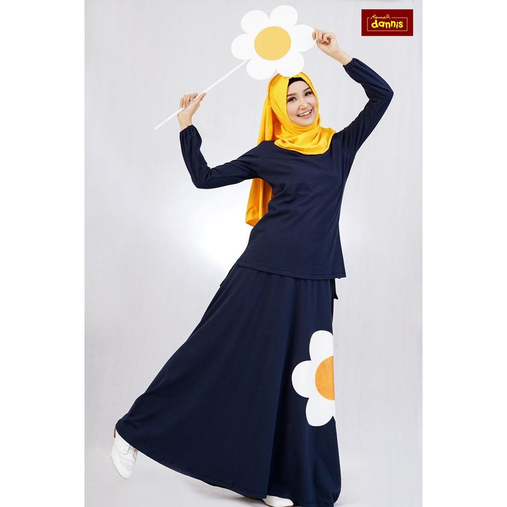 Setelan Rok Dannis Baju Muslim Sarimbit Eggy Flower - Biru Dongker - Bunga (Size M)
