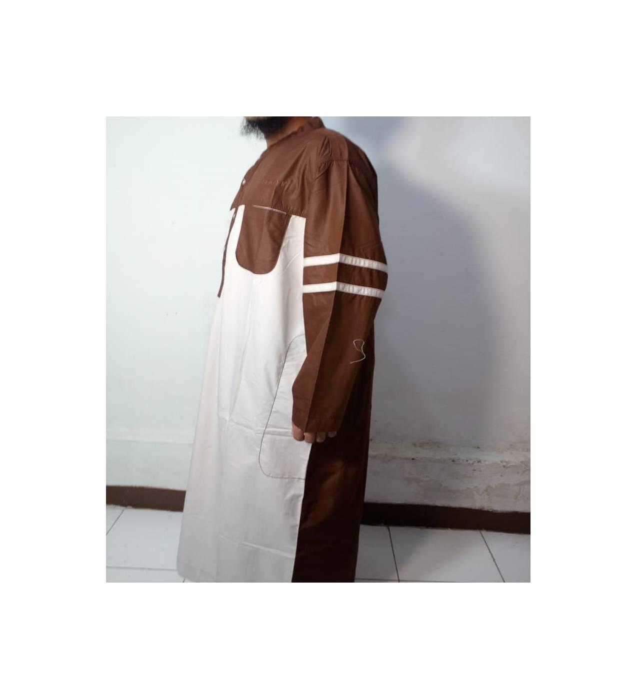 Baju Gamis-Baju Jubah Pria Warna Putih-Coklat Lengan Garis-Samase
