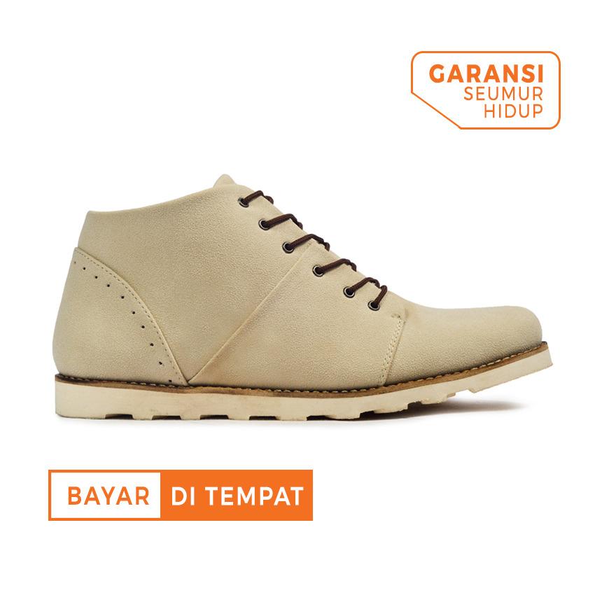 Sepatu Casual Ankle Boots Suede Pria Giant Flames Rocked Cream