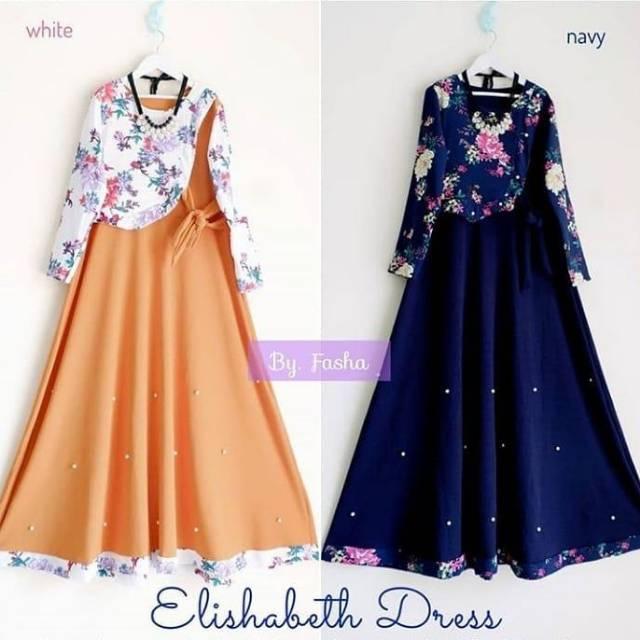 Baju Elishabeth Dress Mix Katun / Gamis Super Cantik Masa Kini (navy)