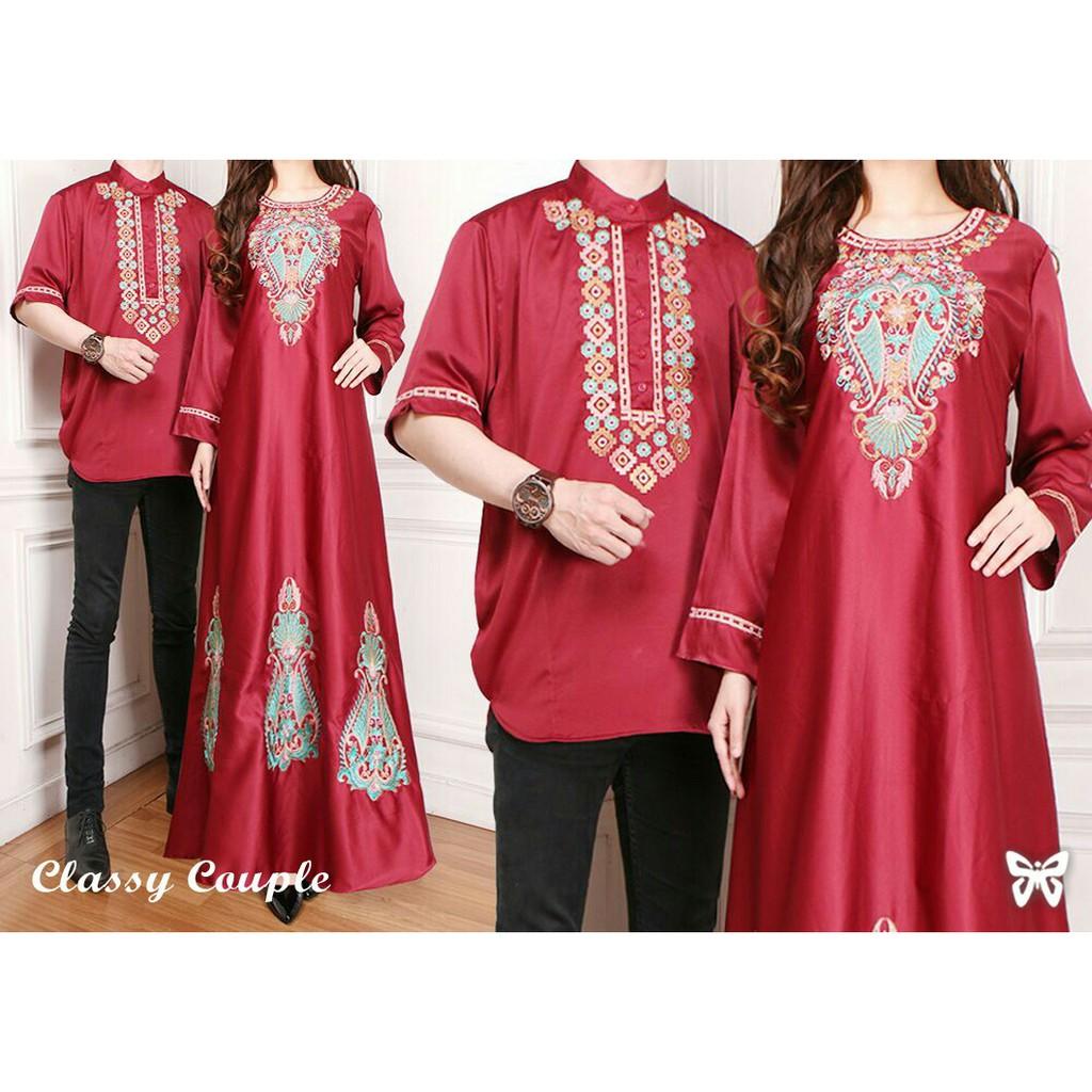 COUPLE HABIBI FASHION PAKAIAN MUSLIM GAMIS PANJANG WANITA DAN BAJU KOKO MURAH ATASAN BORDIR MEWAH (MAROON)