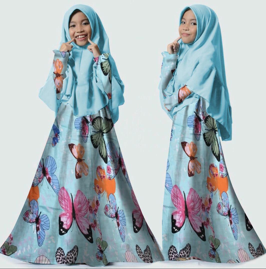 gamis syari maxi anak perempuan motif kupu katun jepang plus khimar