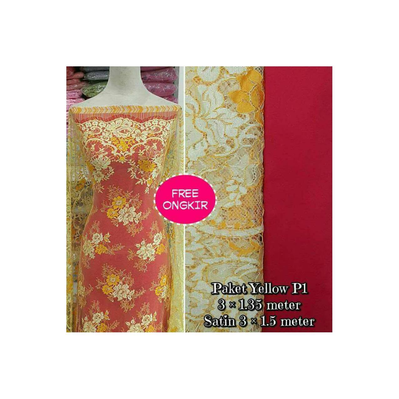 Brokat Bahan Kain Kebaya Dress Baju Muslim Gamis Paket Yellow P1