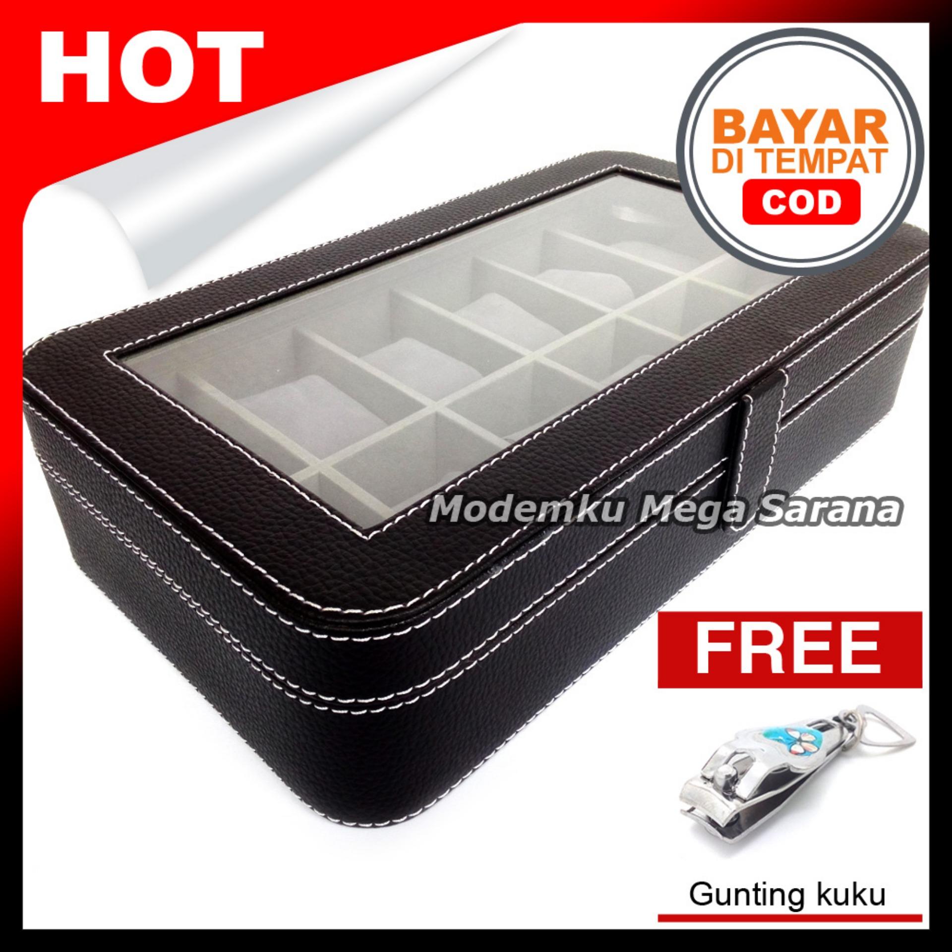 Kerajinan Jogja Kotak Jam Tangan Isi 12 Oval Tempat Box Jam Tangan - Hitam dlm Abu + Gratis Gunting Kuku