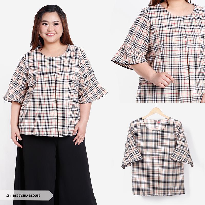 Debbyzha Tartan Trumpet Sleeves Big Blouse-Choco