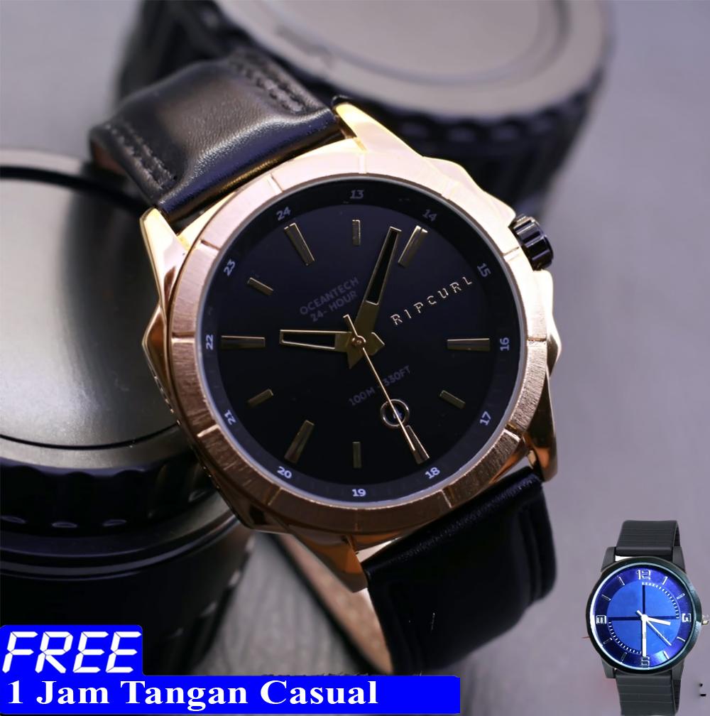 Ripcurl - Jam tangan pria - tali kulit - tanggal aktif - bonus 1 jam