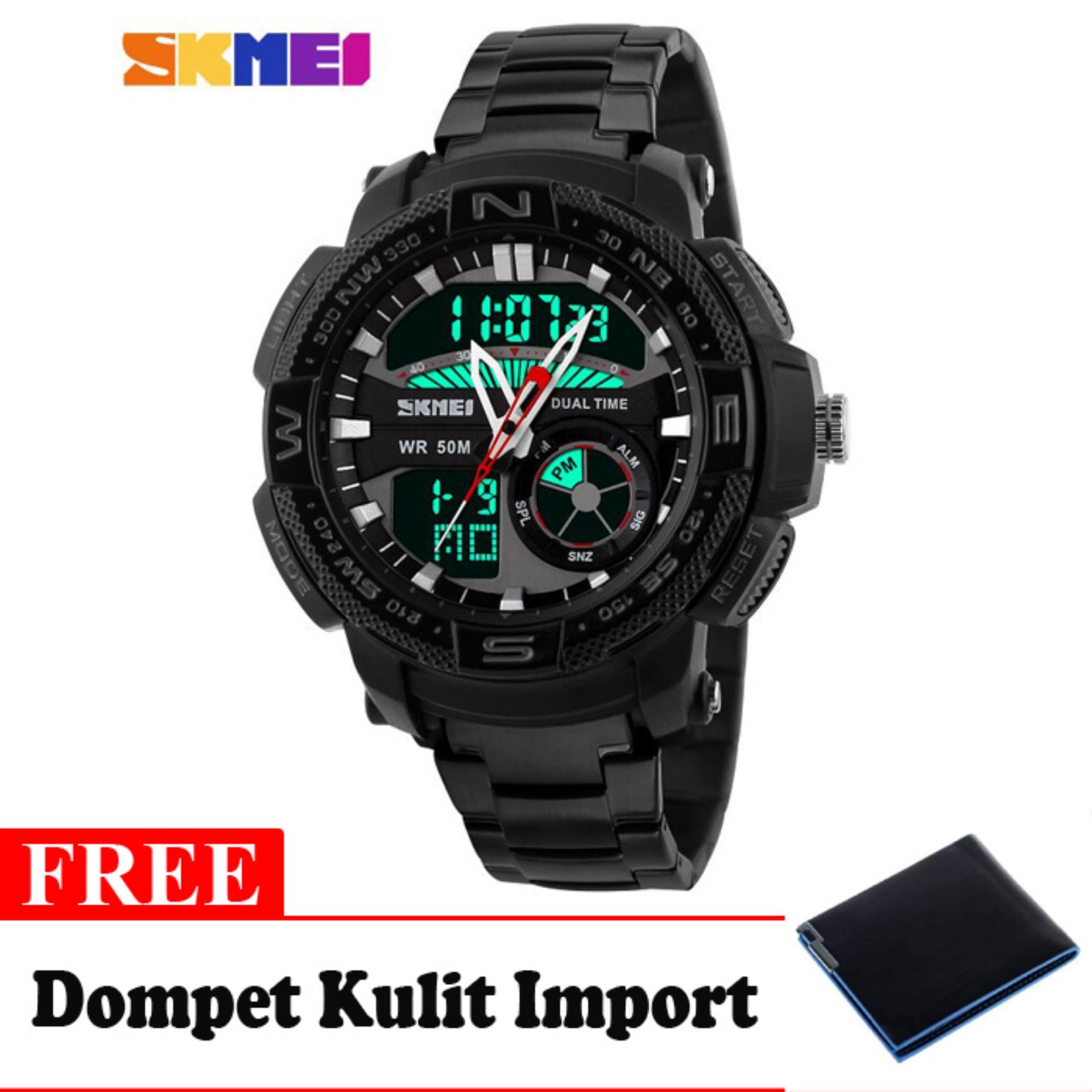 SKMEI Goliath Hitam - Jam Tangan Pria - Rantai Stainless Steel - 1121 Dual Time Black + Free Dompet Kulit Import